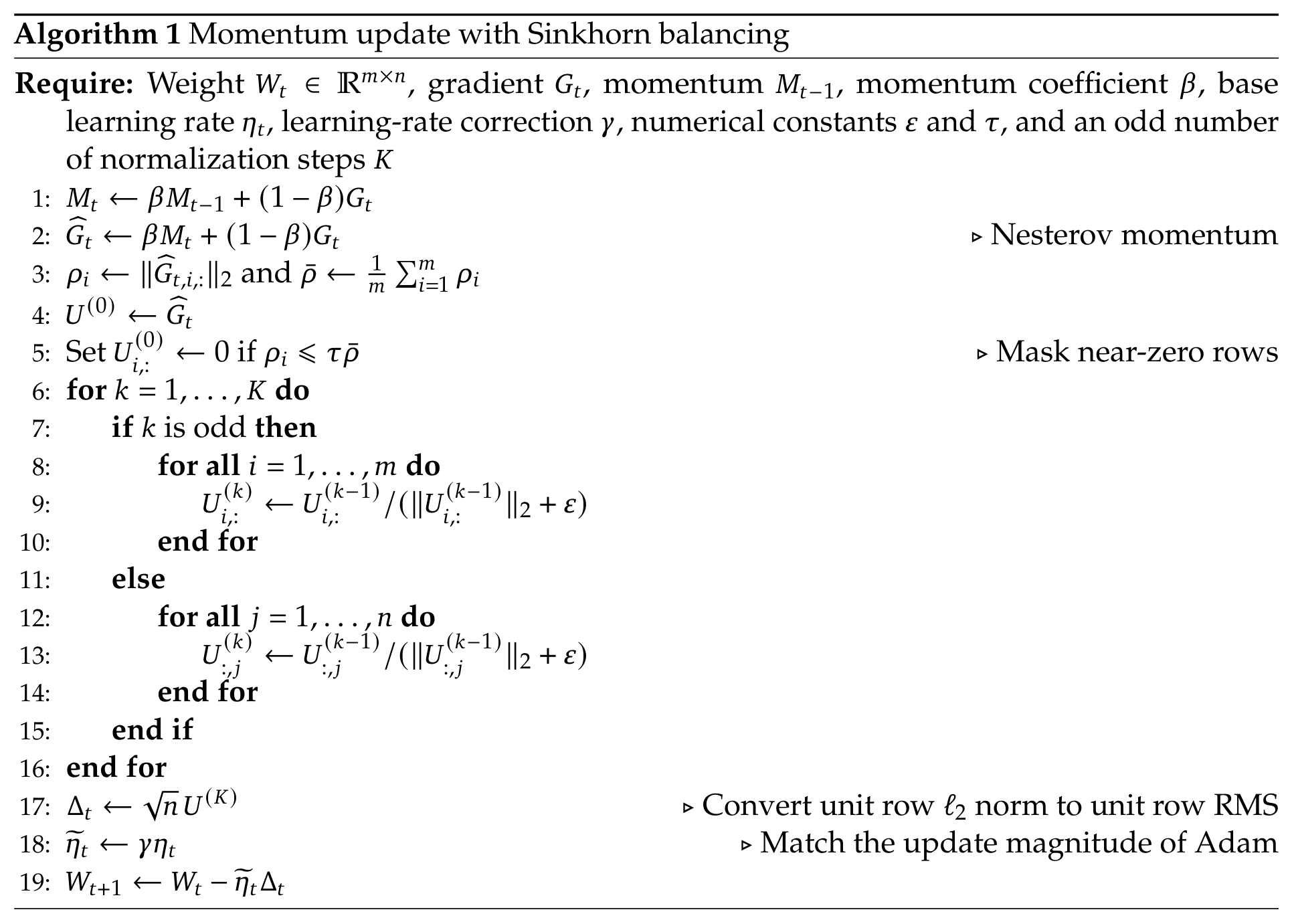 Algorithm 1: momentum update with Sinkhorn balancing